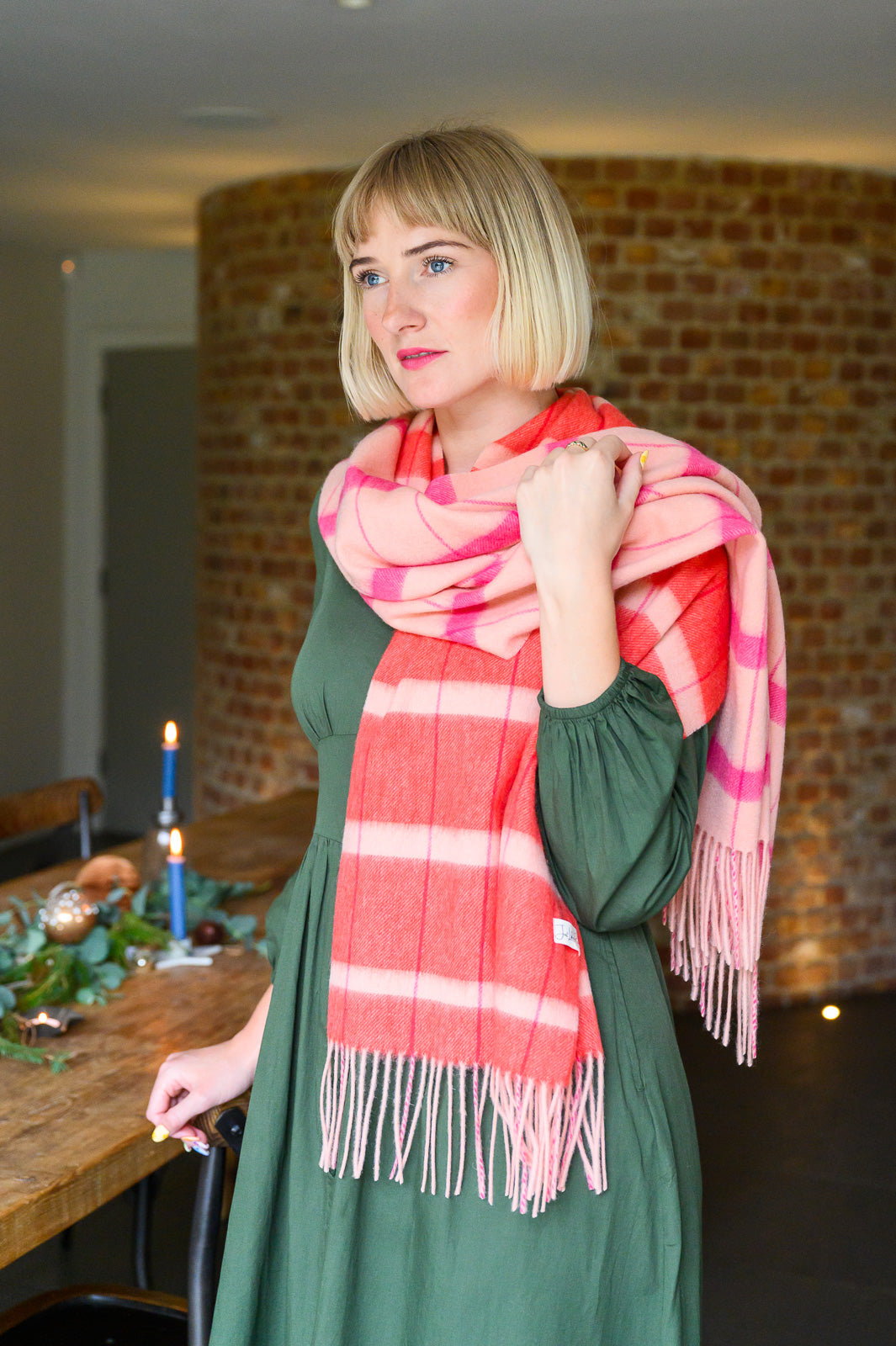 Pink Asymmetrical Check Lambswool Scarf