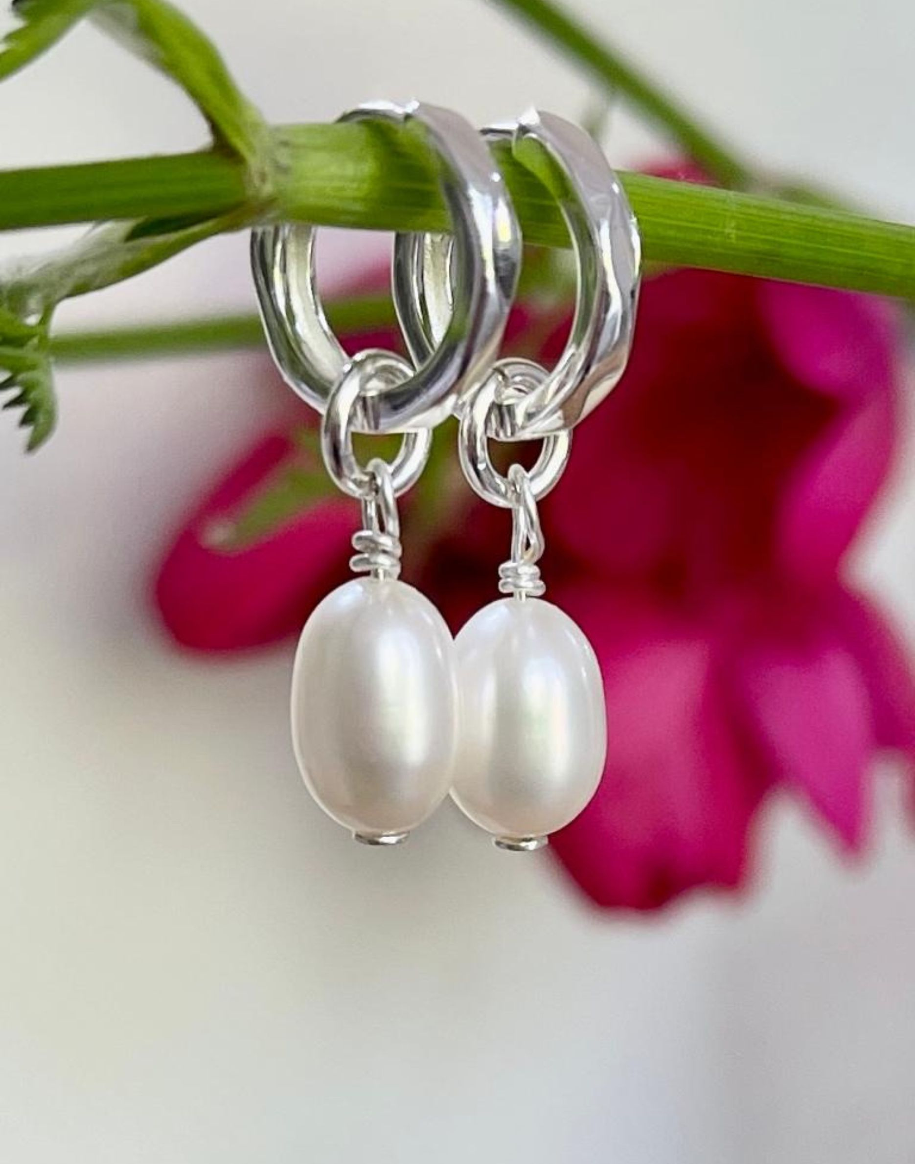 Kitty Silver Pearl Charm Huggie Earrings