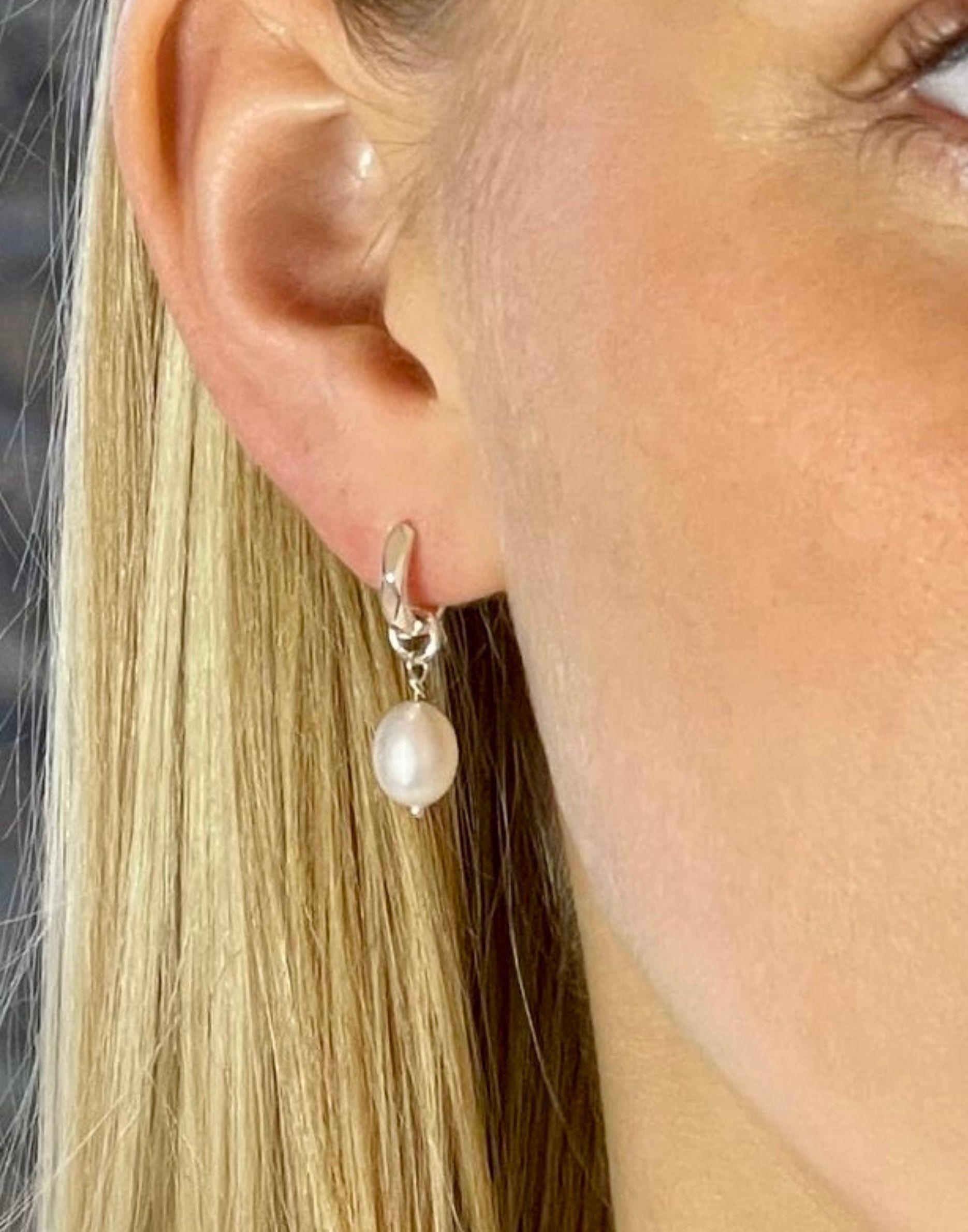 Kitty Silver Pearl Charm Huggie Earrings