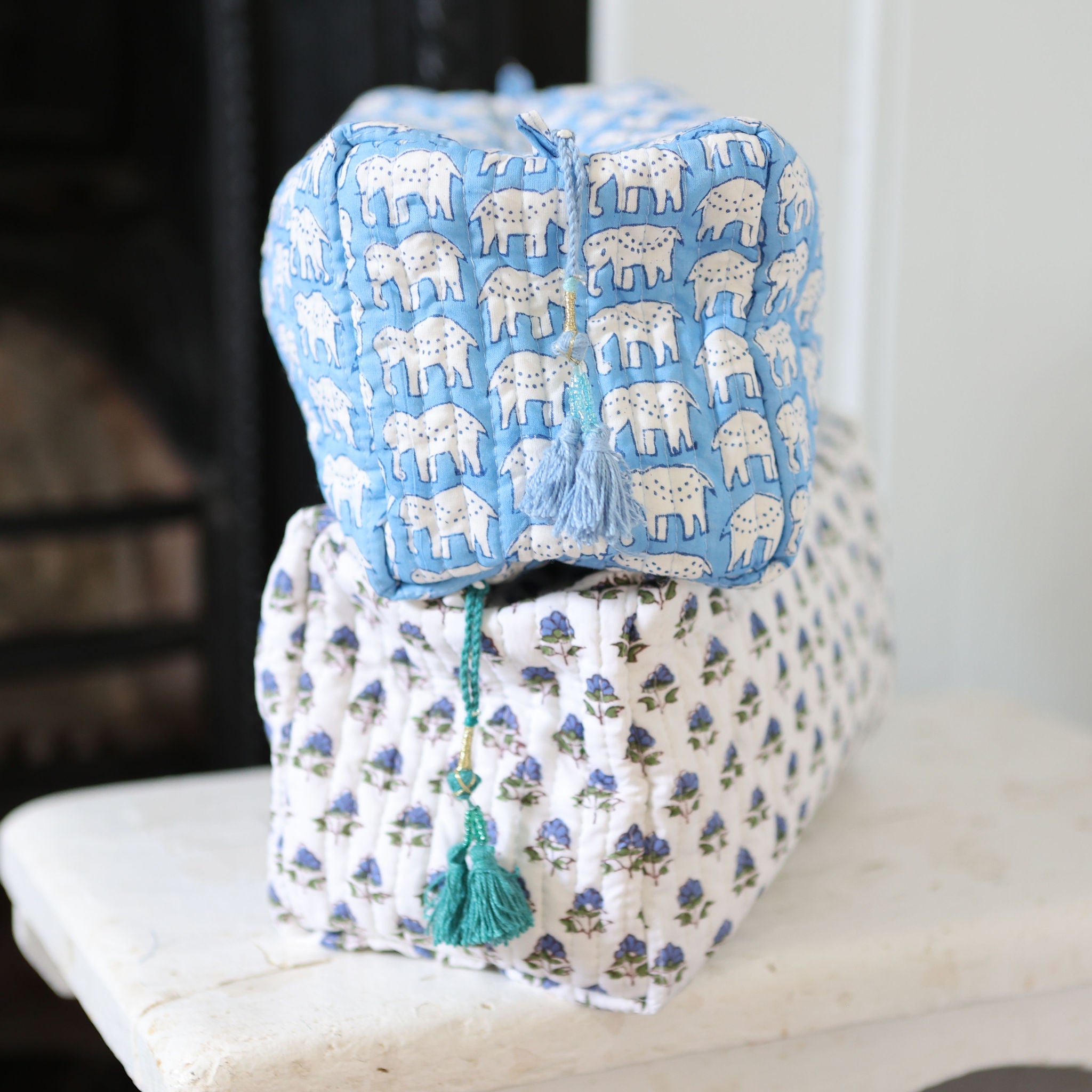 Blue elephant wash bag block print cotton with waterproof lining