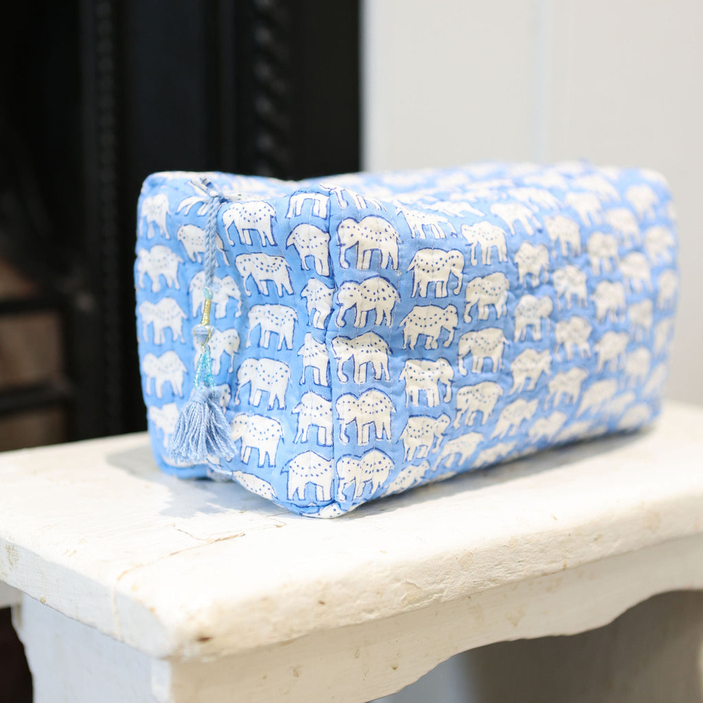 Blue elephant wash bag block print cotton with waterproof lining
