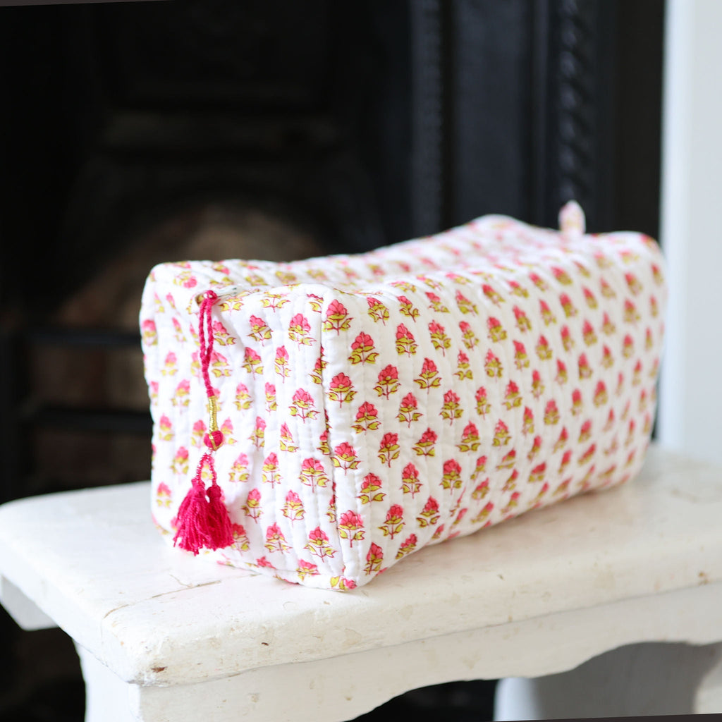 Pink flower wash bag block print cotton with waterproof lining -HALF PRICE