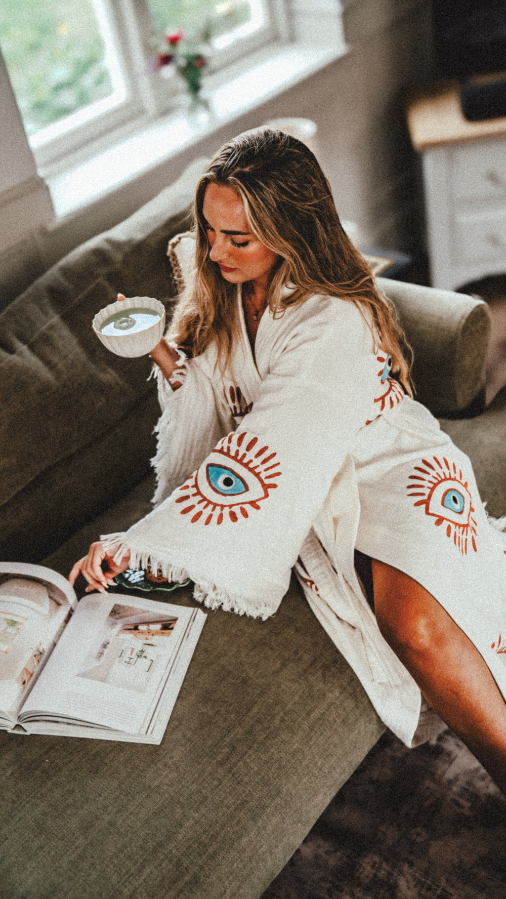 Long Cotton Robe: White with Orange & Blue Eye