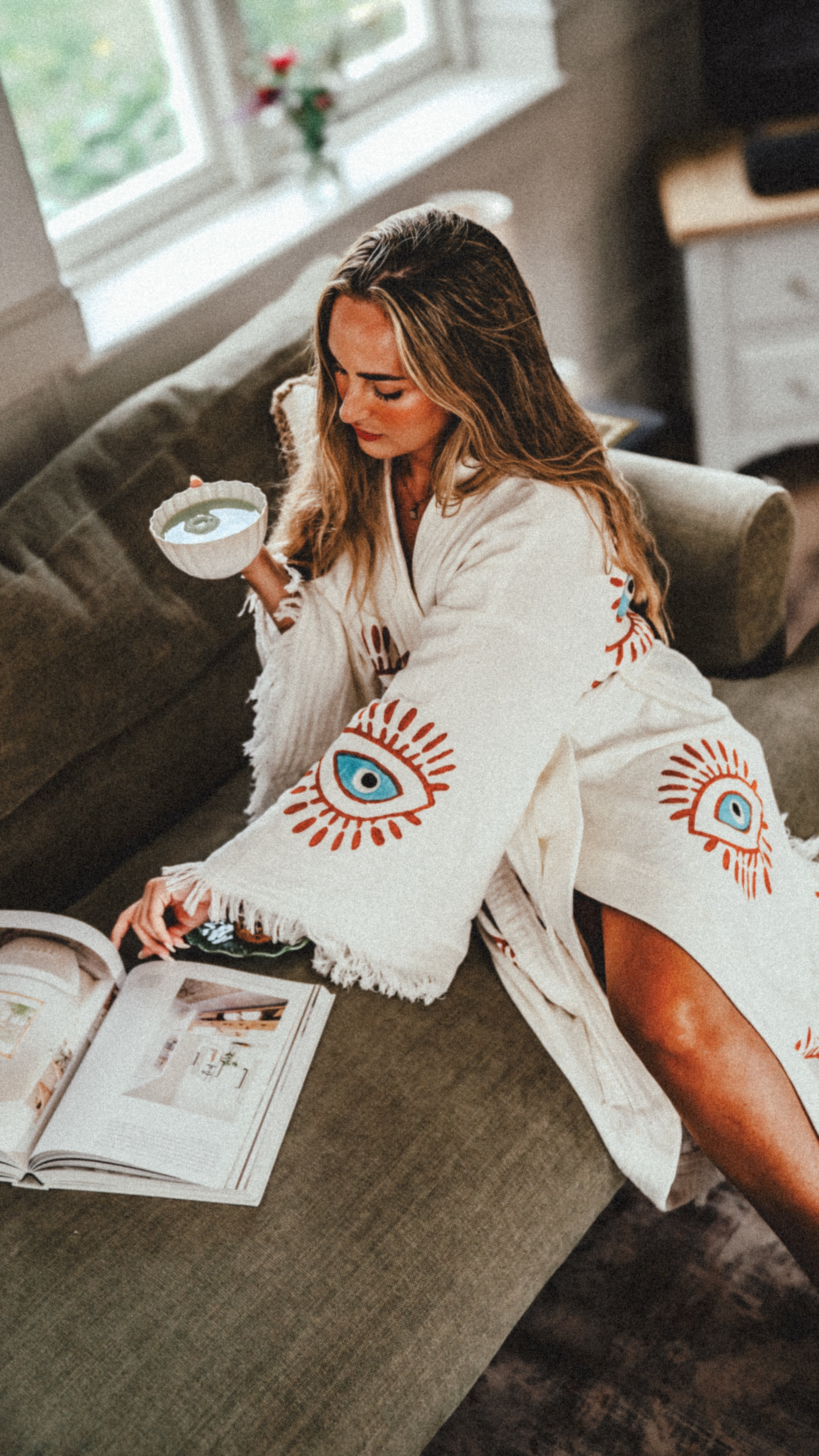 Long Cotton Robe: White with Orange & Blue Eye