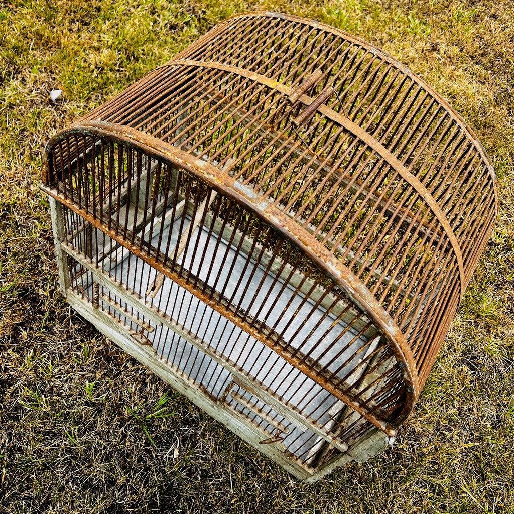 Large Vintage Metal & Wood Arched-Top Birdcage