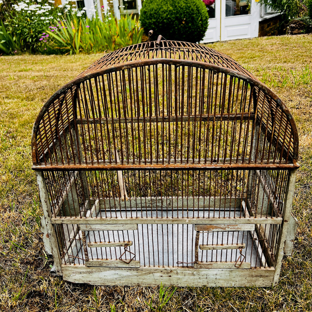 Large Vintage Metal & Wood Arched-Top Birdcage
