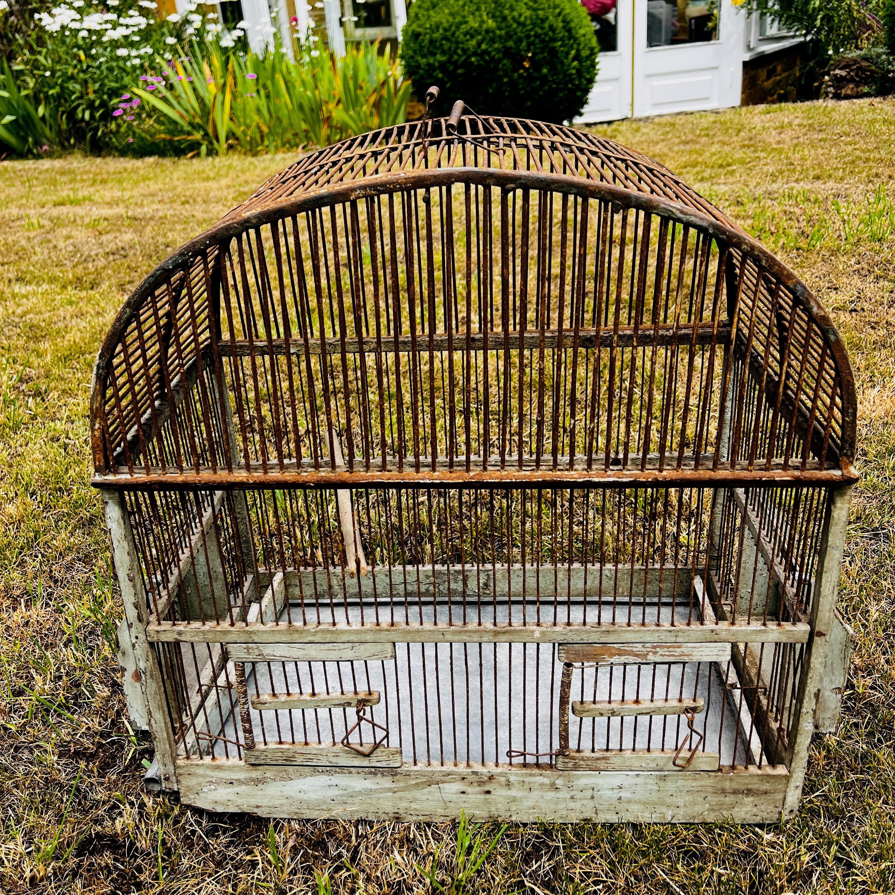 Large Vintage Metal & Wood Arched-Top Birdcage