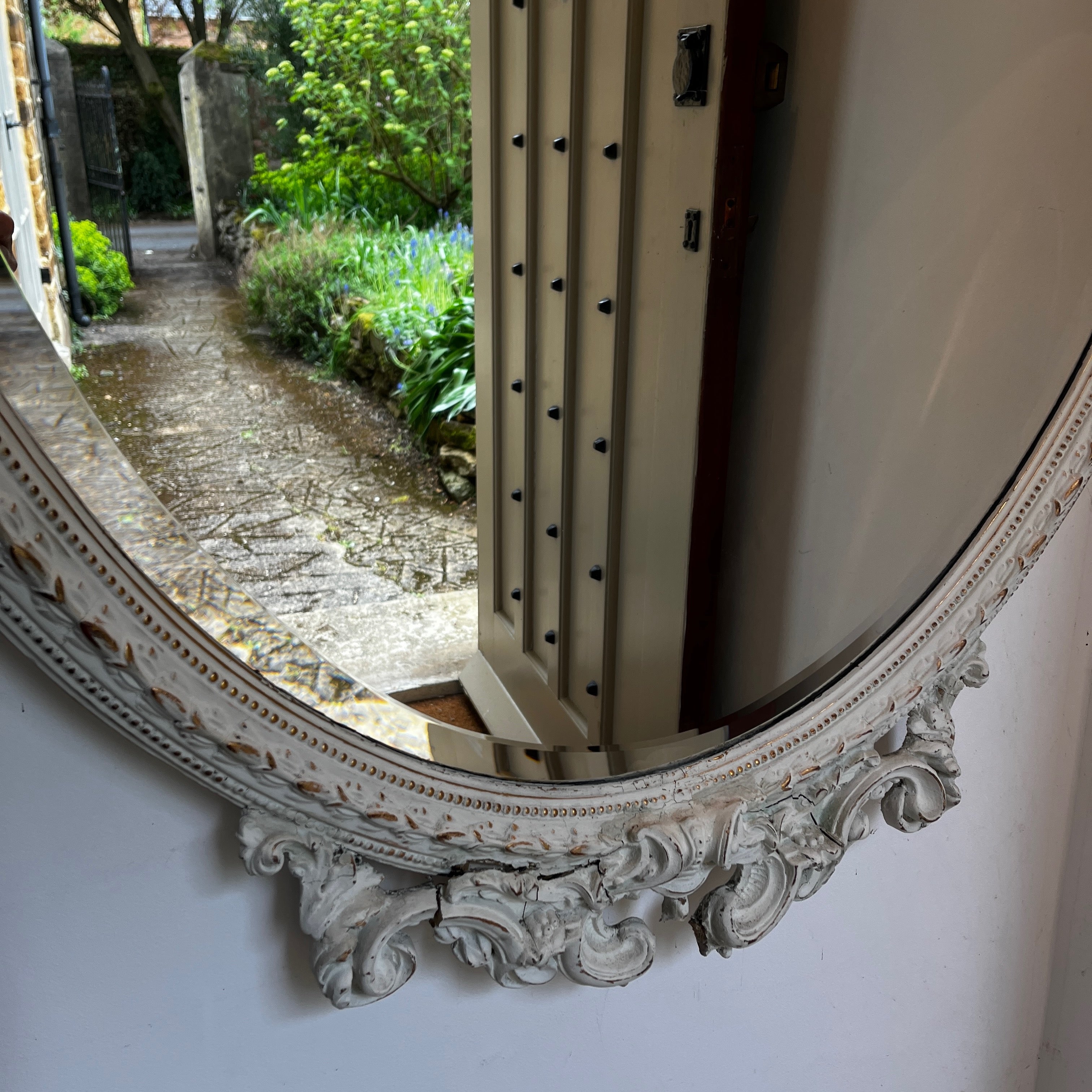 Large Vintage Ornate Oval Bevelled Mirror with White Carved Frame