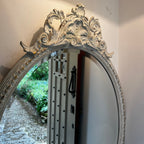 Large Vintage Ornate Oval Bevelled Mirror with White Carved Frame