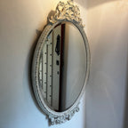 Large Vintage Ornate Oval Bevelled Mirror with White Carved Frame