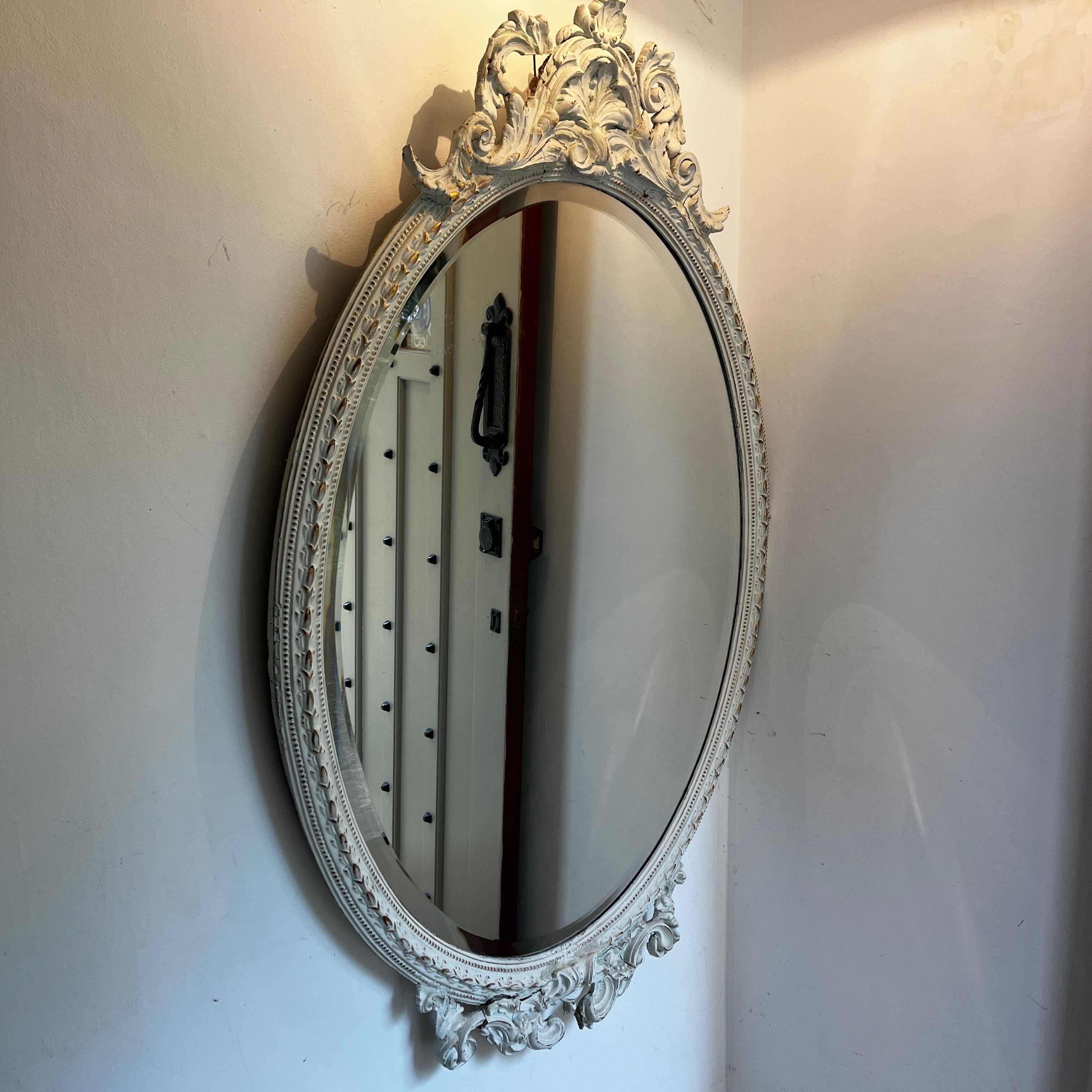 Large Vintage Ornate Oval Bevelled Mirror with White Carved Frame