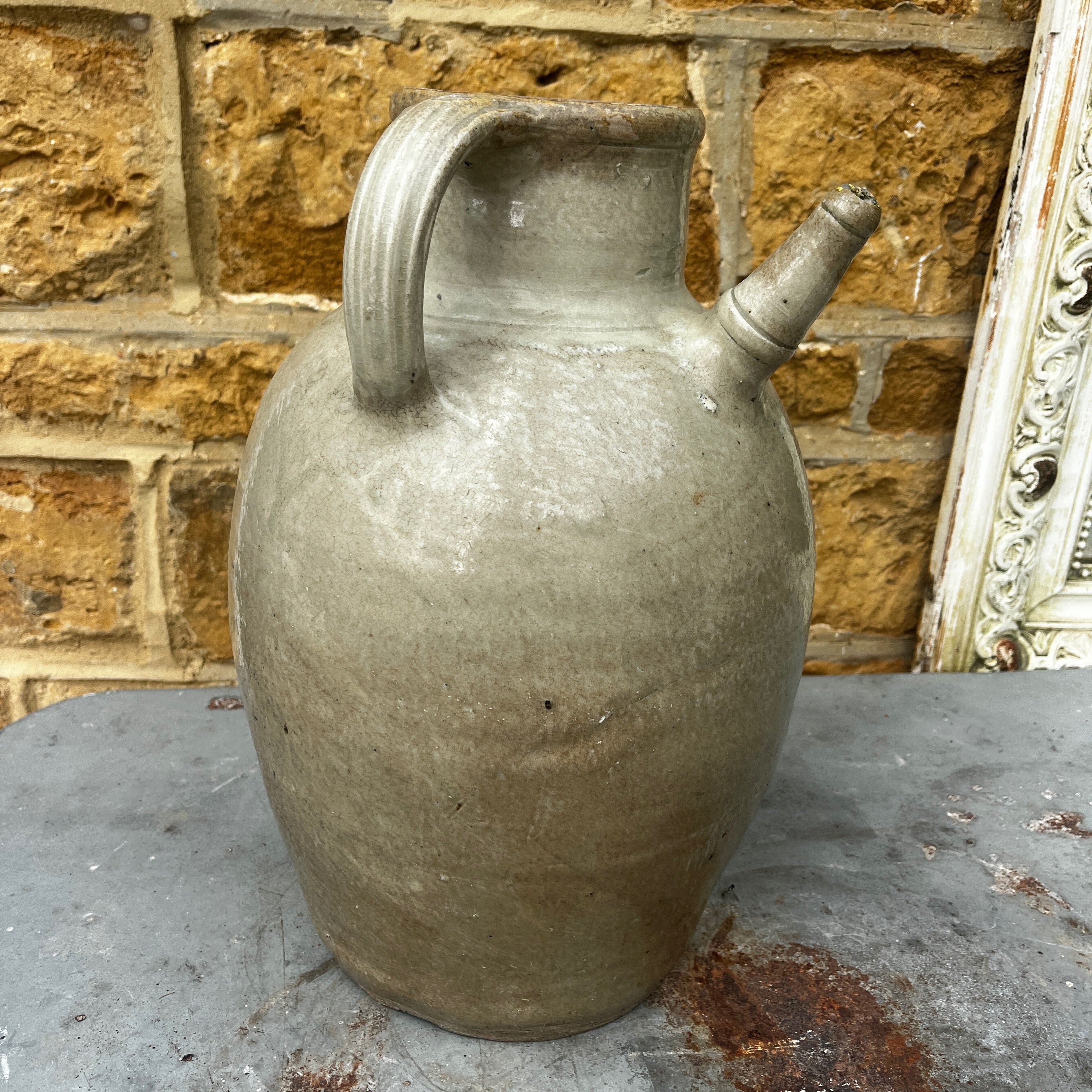 Antique Glazed Stoneware Beehive Jug with Handle and Spout