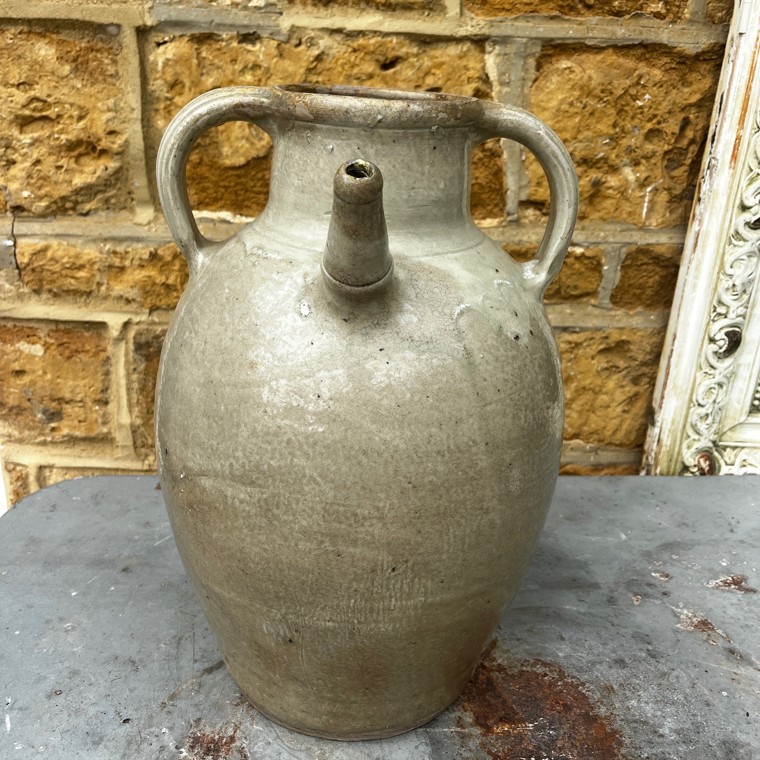 Antique Glazed Stoneware Beehive Jug with Handle and Spout