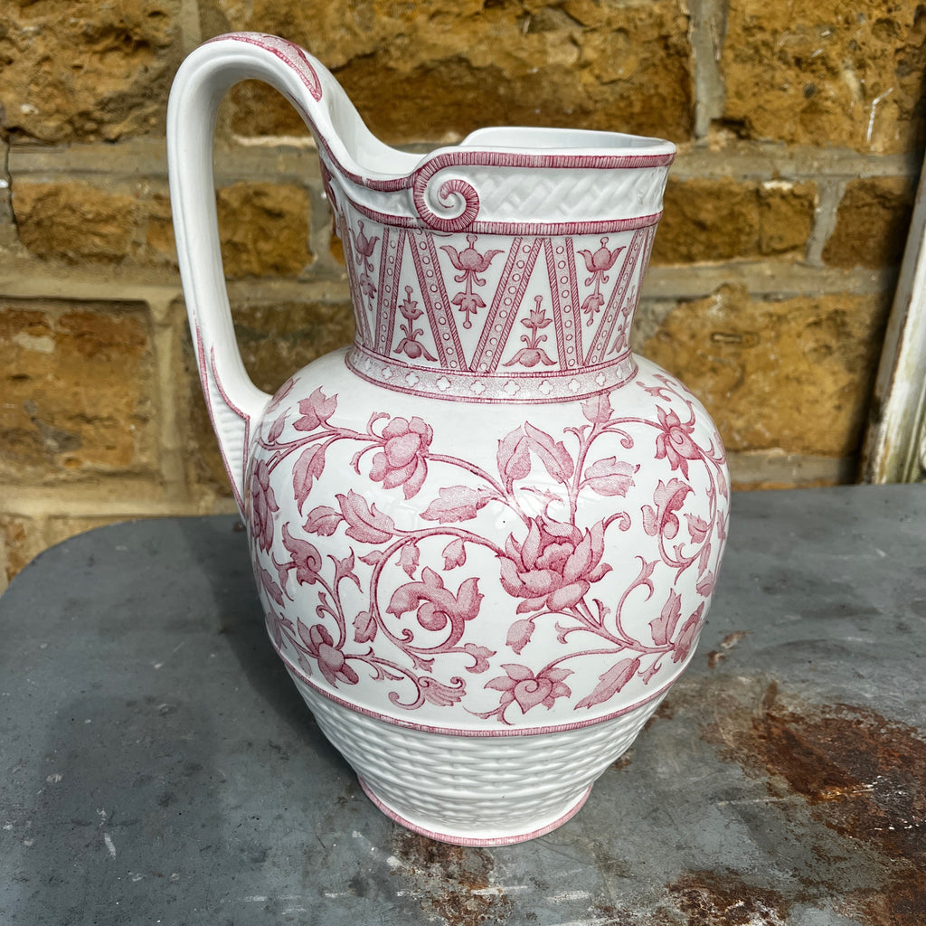 Antique Sarreguemines inronstone Pitcher with Pink Transferware Floral Pattern