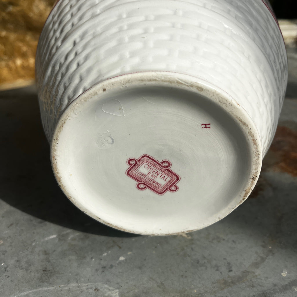 Antique Sarreguemines inronstone Pitcher with Pink Transferware Floral Pattern