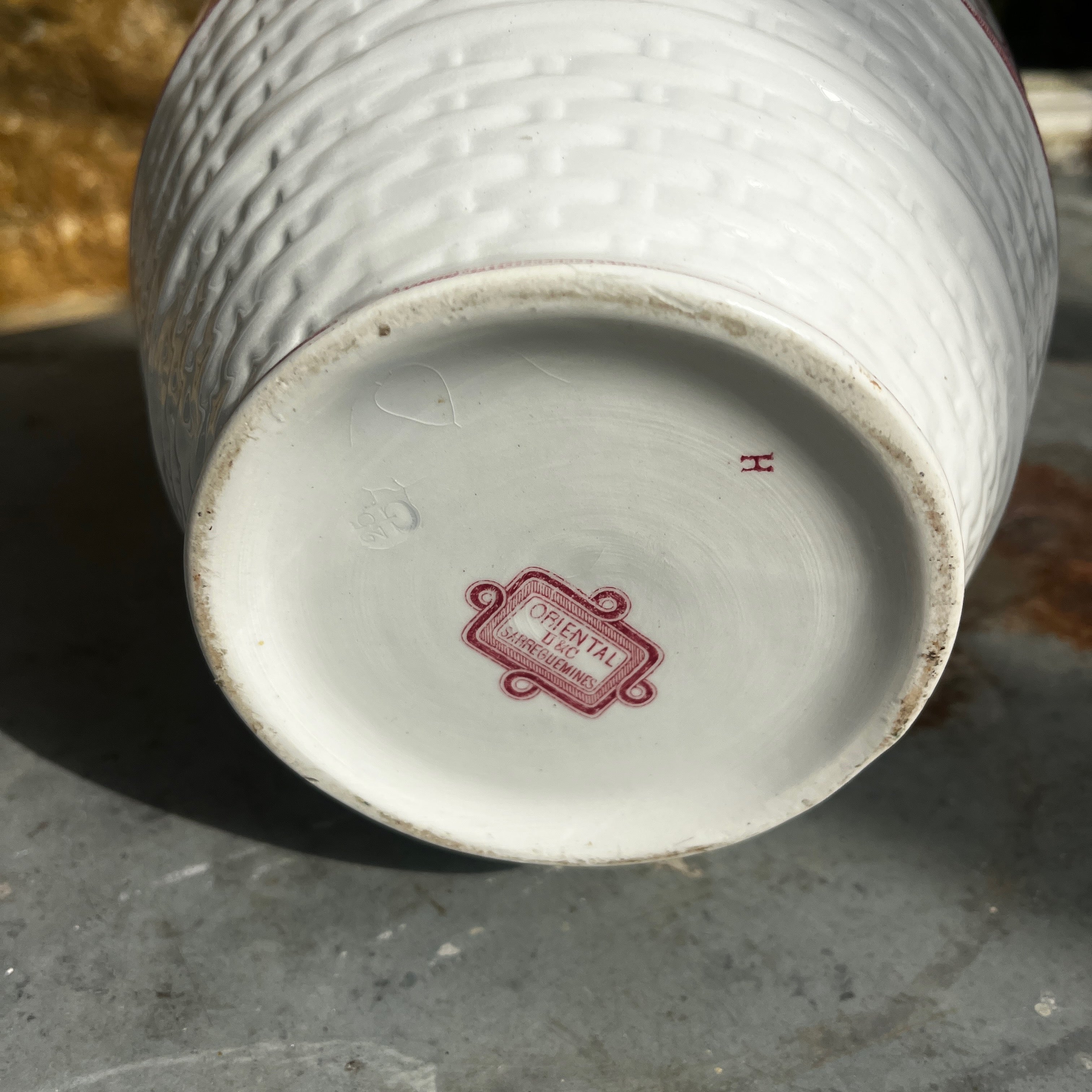 Antique Sarreguemines inronstone Pitcher with Pink Transferware Floral Pattern