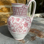 Antique Sarreguemines inronstone Pitcher with Pink Transferware Floral Pattern