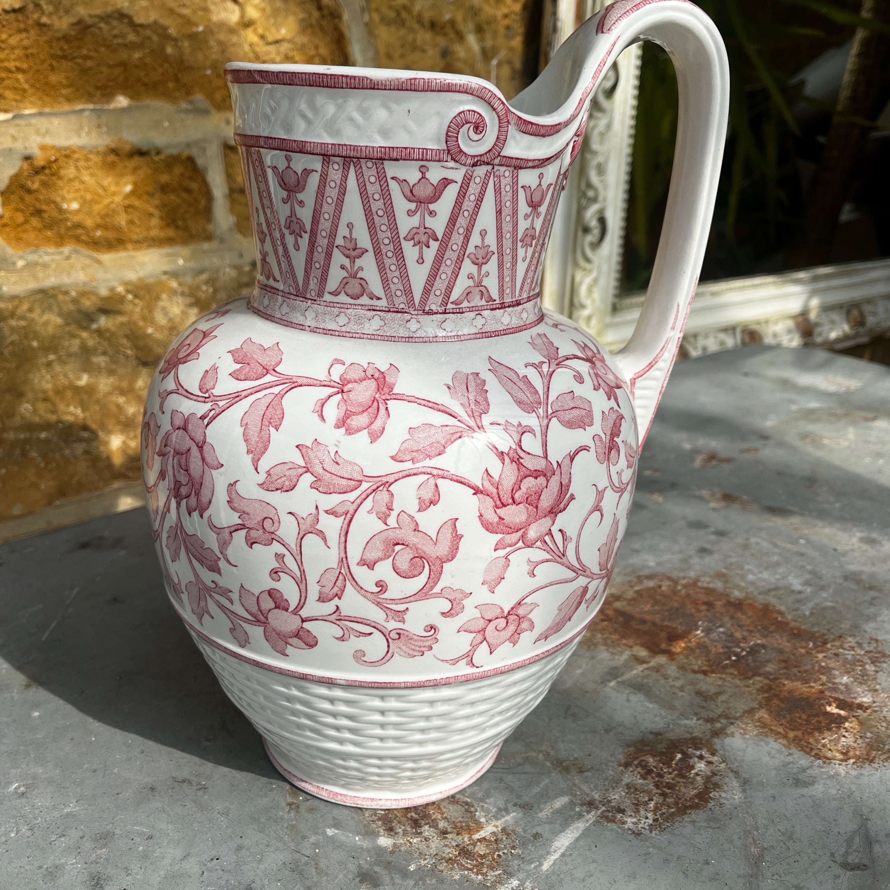 Antique Sarreguemines inronstone Pitcher with Pink Transferware Floral Pattern