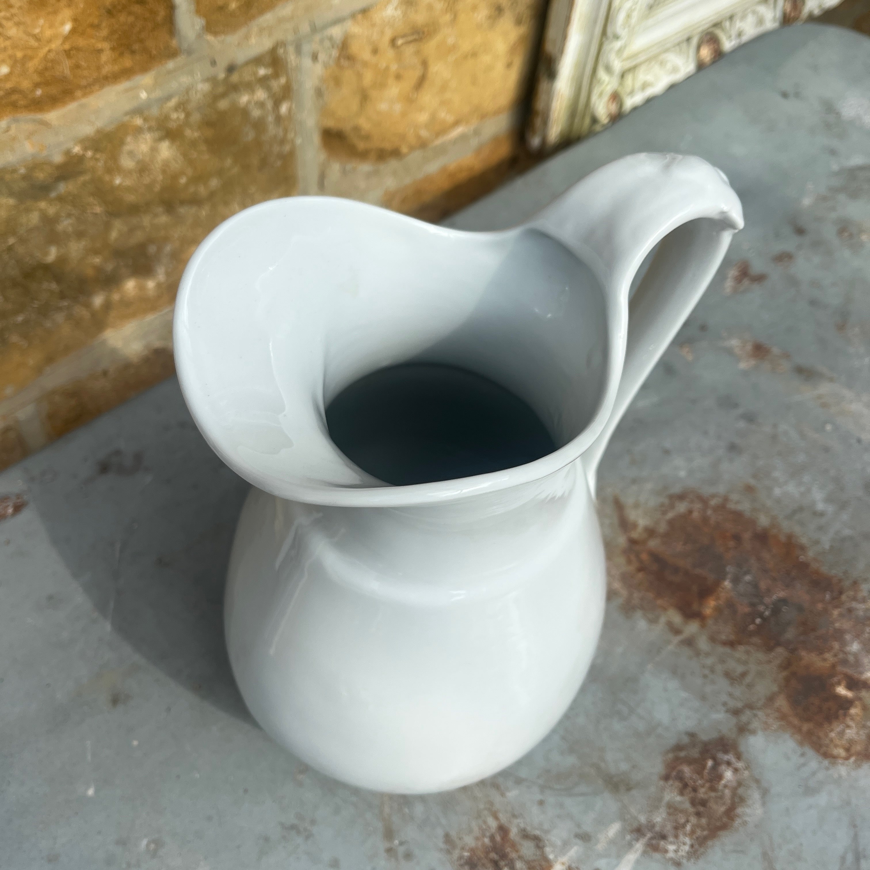 Large White Vintage Ironstone Jug with Decorative Handle