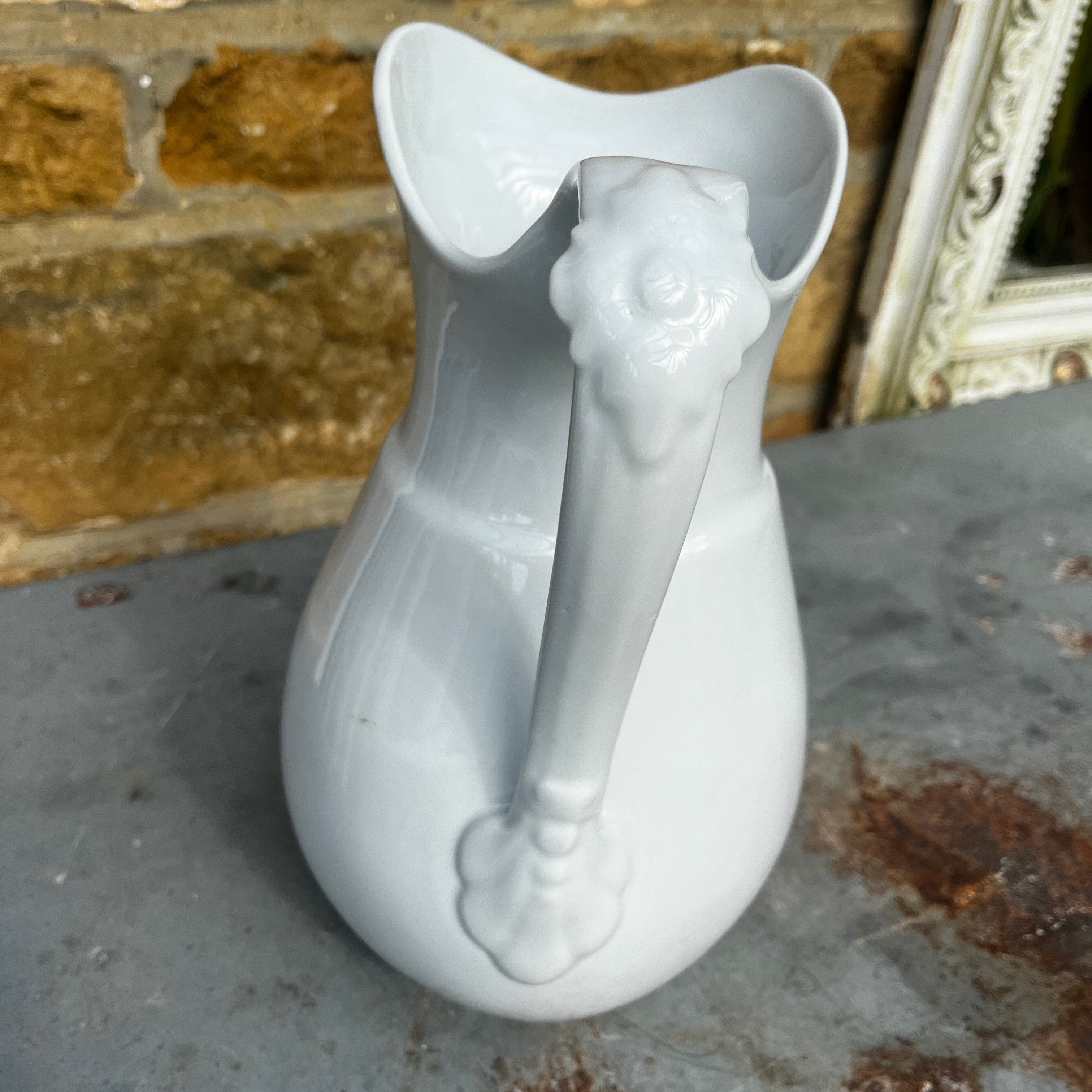 Large White Vintage Ironstone Jug with Decorative Handle