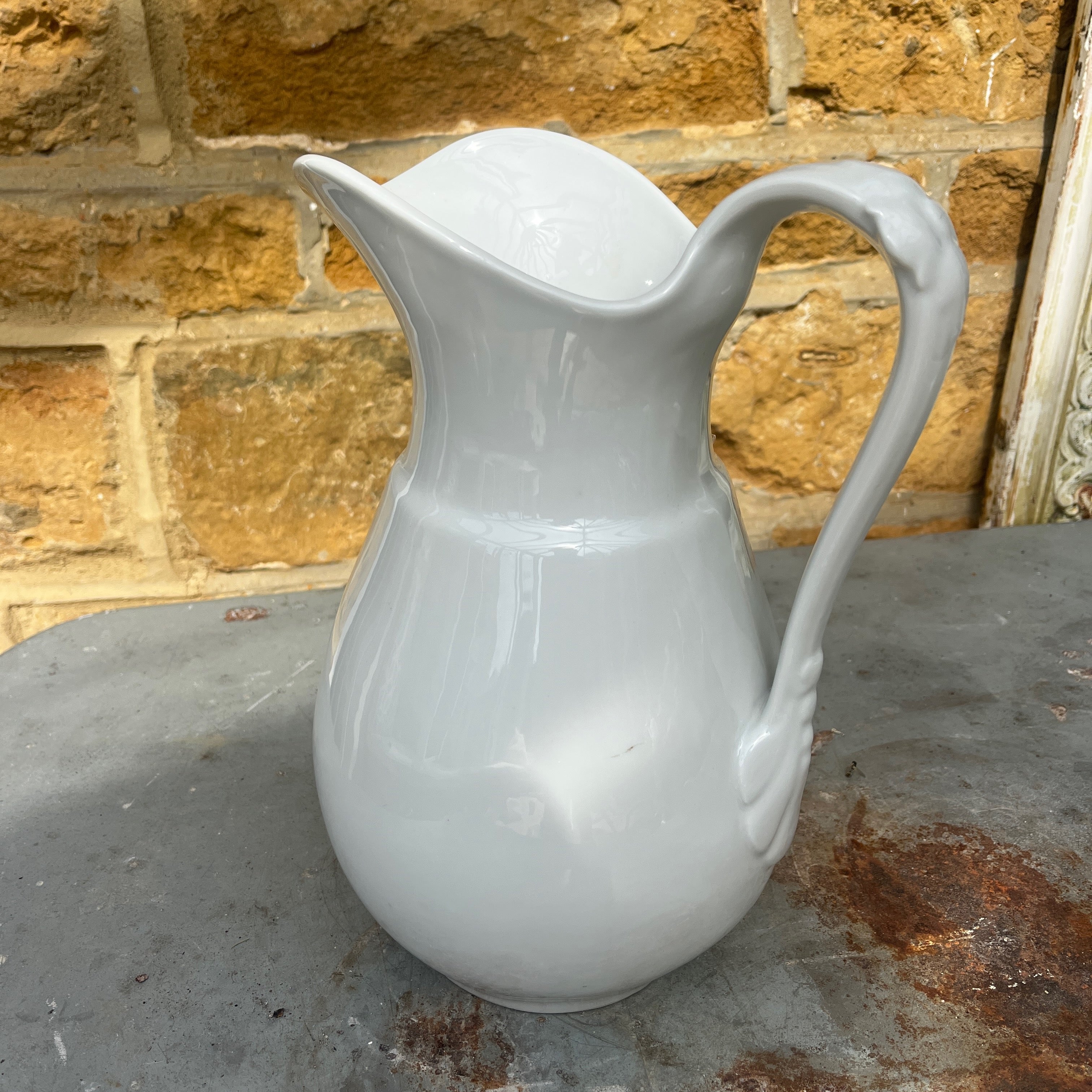 Large White Vintage Ironstone Jug with Decorative Handle