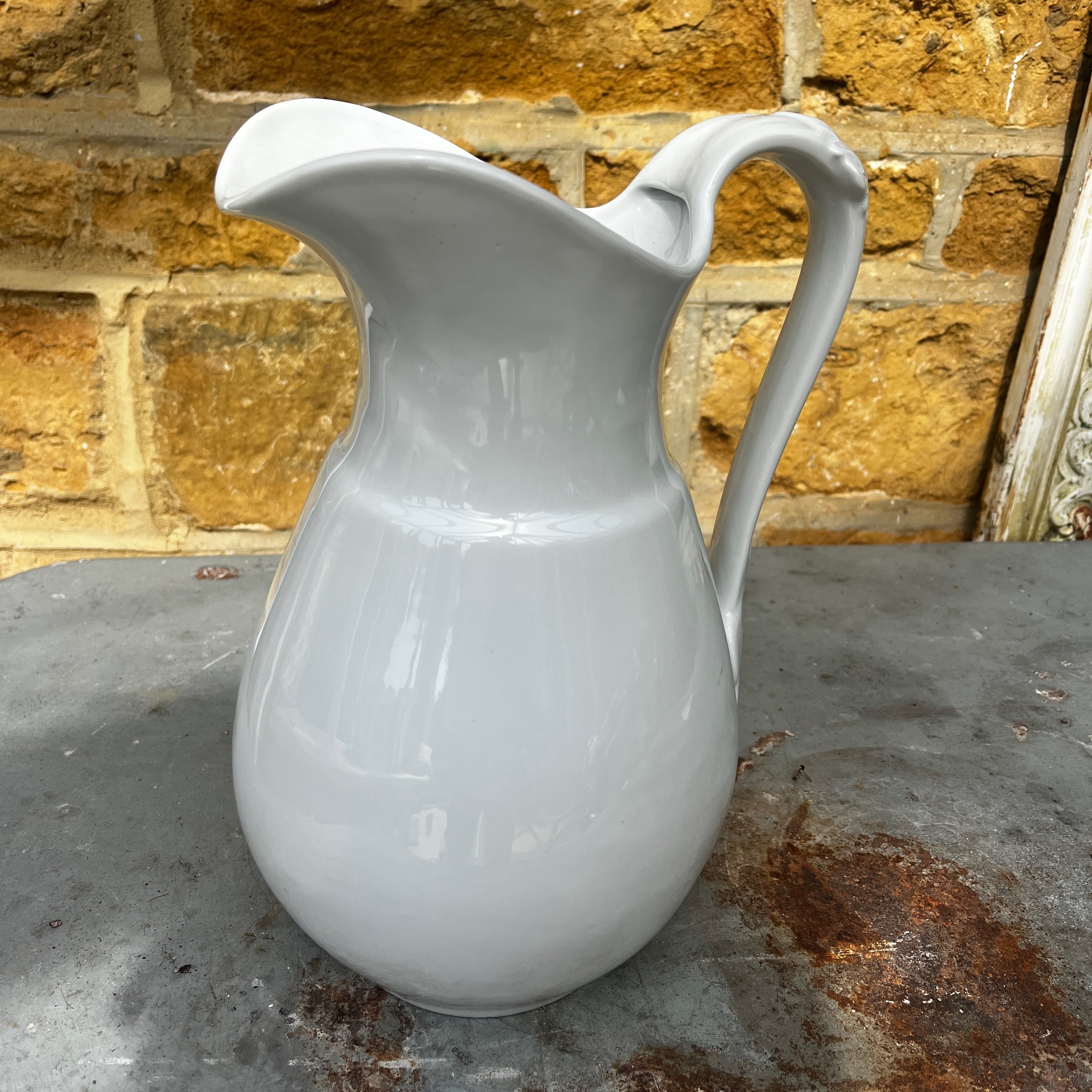 Large White Vintage Ironstone Jug with Decorative Handle