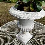 Large White Vintage Cast Iron Urn Planter with Pedestal Base