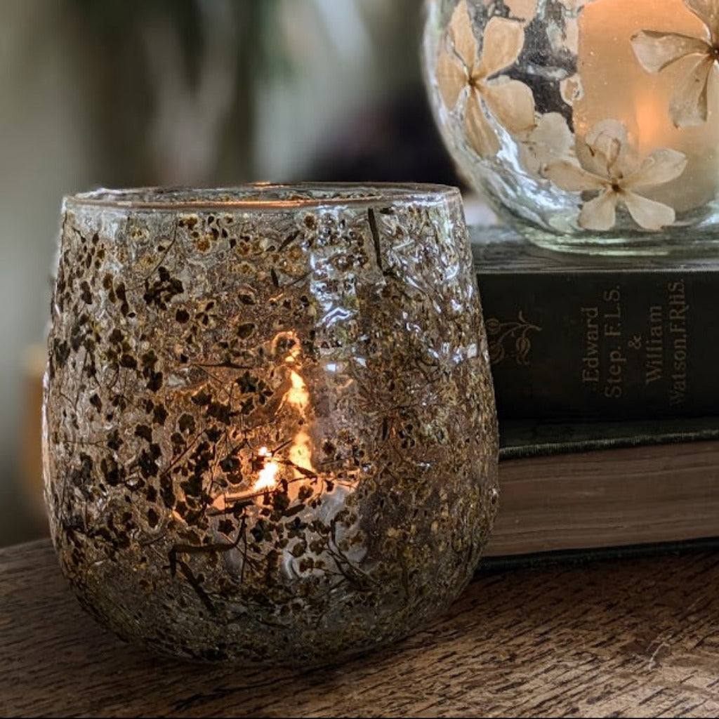 Large Glass Votive With Dried Embedded Flowers | 10cm