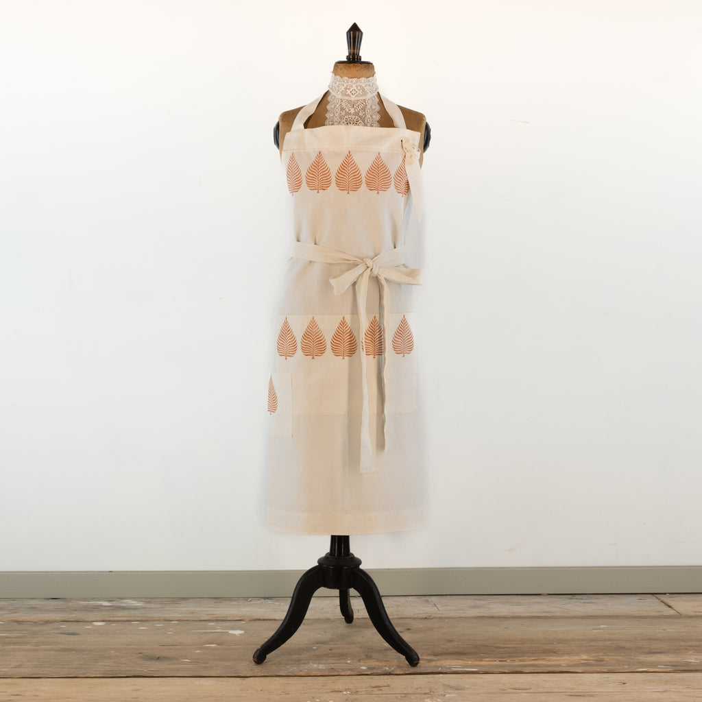 Large Leaf printed cook's apron, vintage French Linen