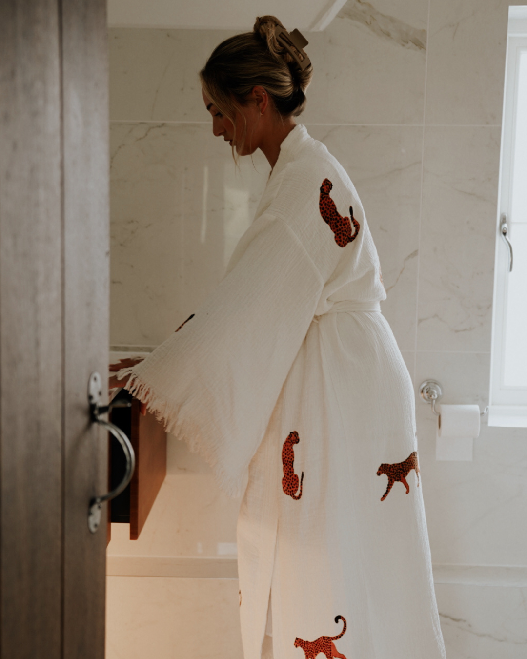 Long Cotton Robe: White with Cheetah