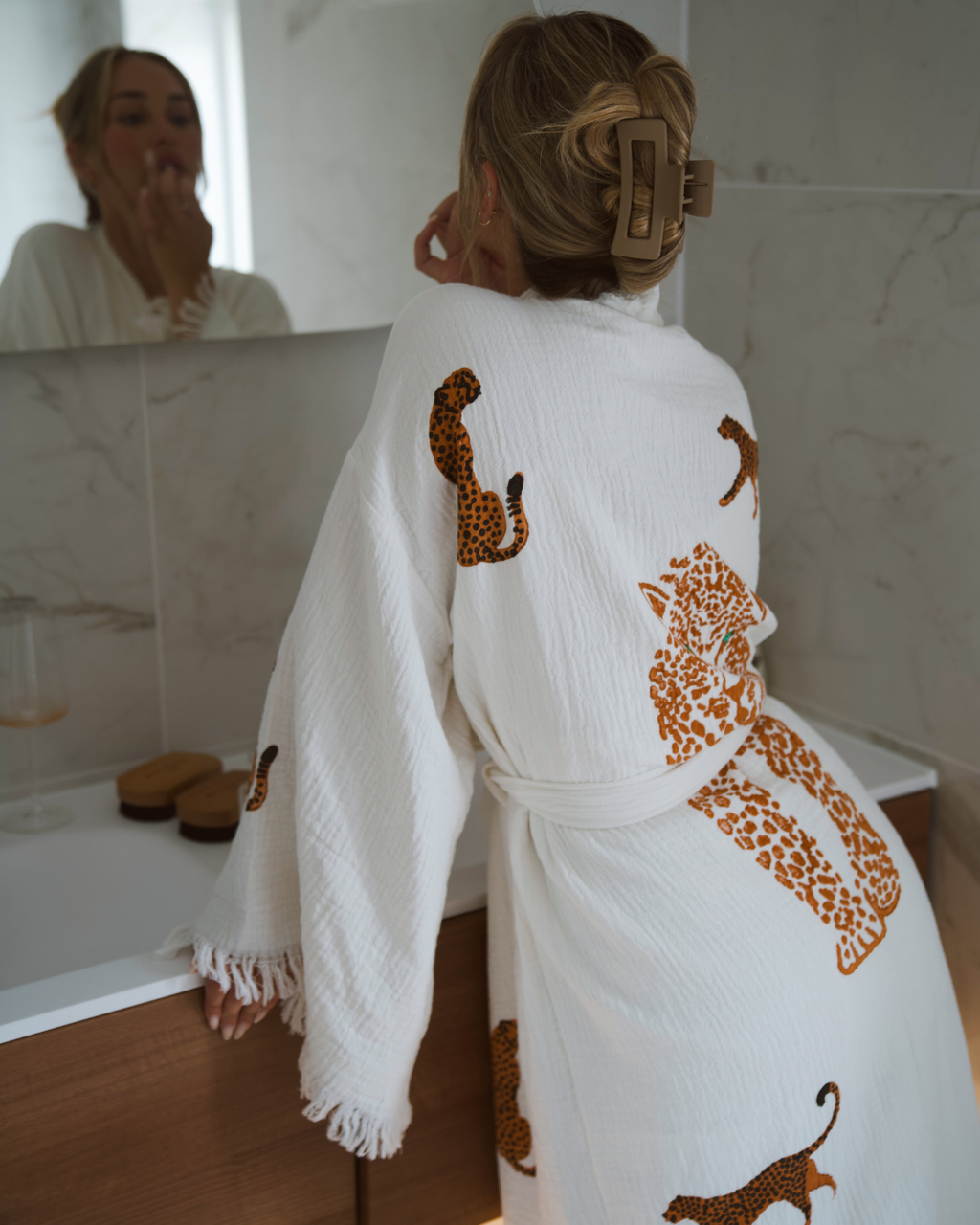 Long Cotton Robe: White with Cheetah