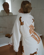 Long Cotton Robe: White with Cheetah