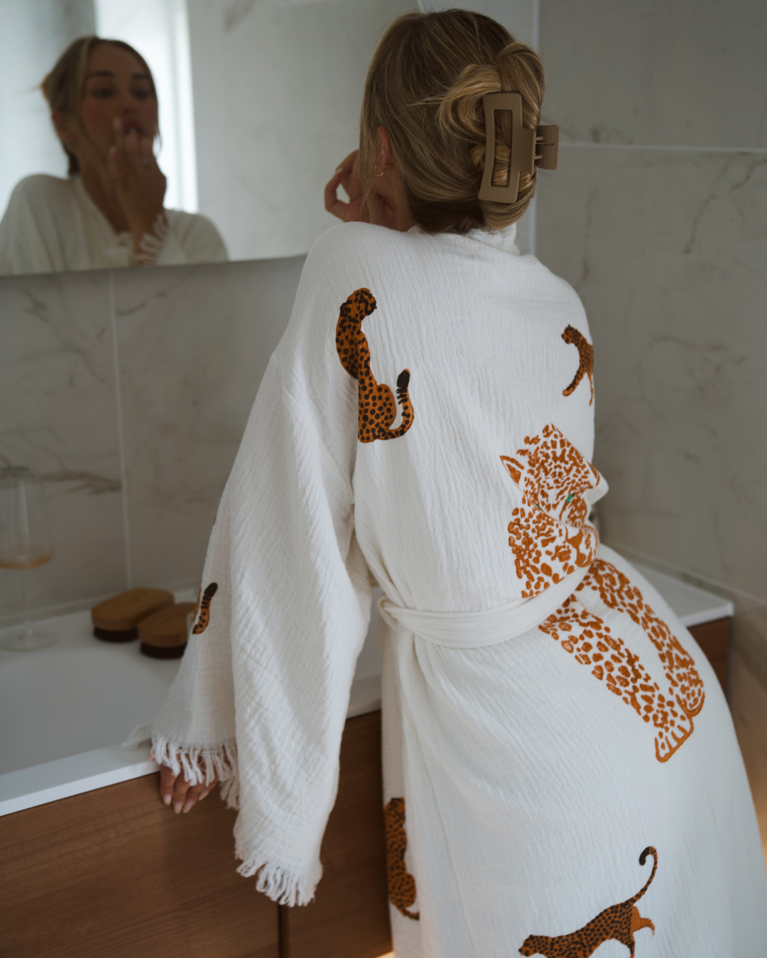 Long Cotton Robe: White with Cheetah