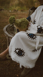 Long Cotton Robe: White with Dark Blue & Black Eye