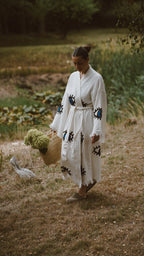 Long Cotton Robe: White with Dark Blue & Black Eye