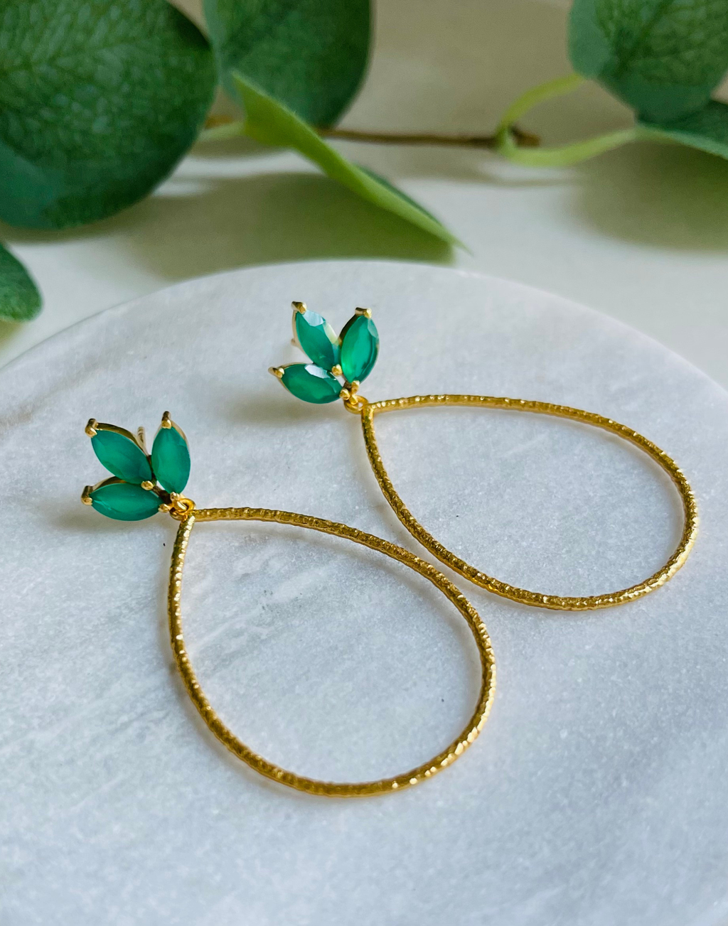 Lotus Flower Green Onyx Gold Earrings