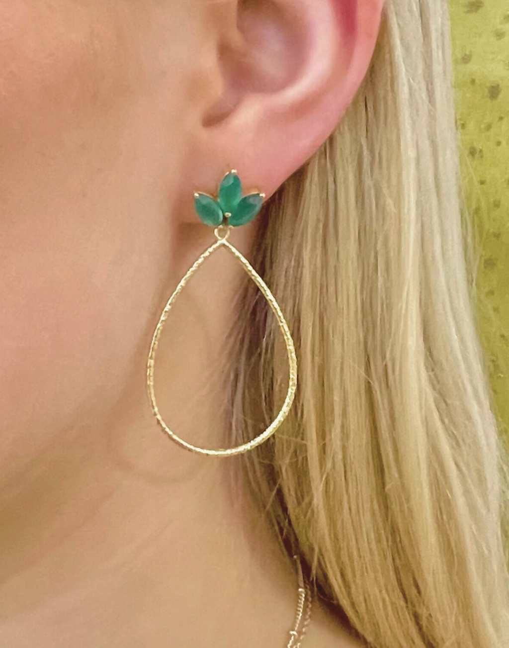 Lotus Flower Green Onyx Gold Earrings