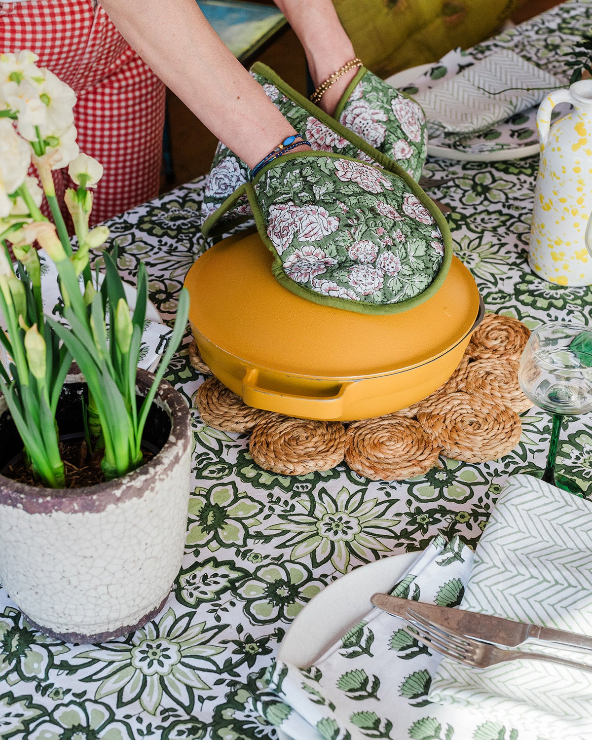 MEADOW GREEN hand block printed tablecloth