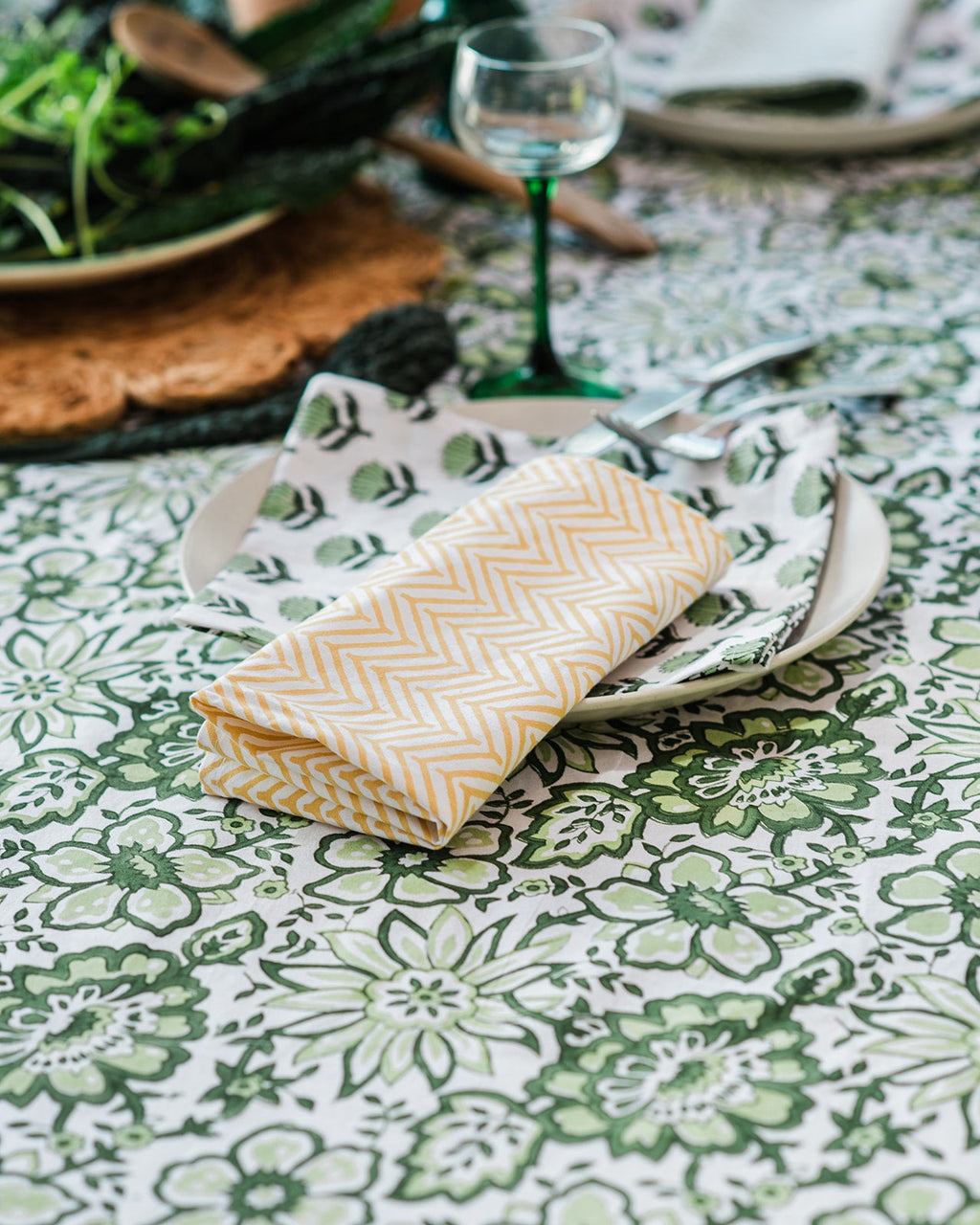 MEADOW GREEN hand block printed tablecloth