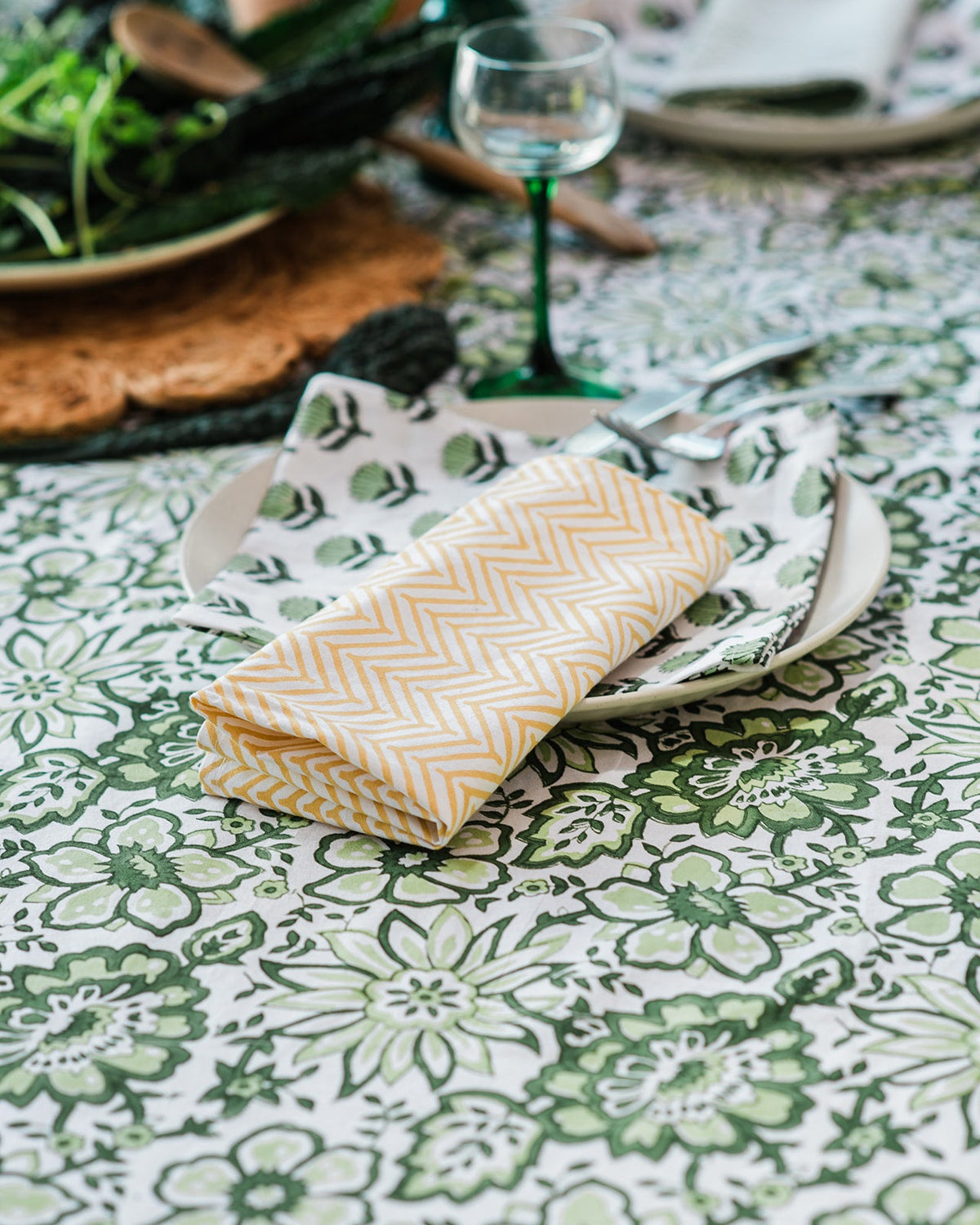 MEADOW GREEN hand block printed tablecloth