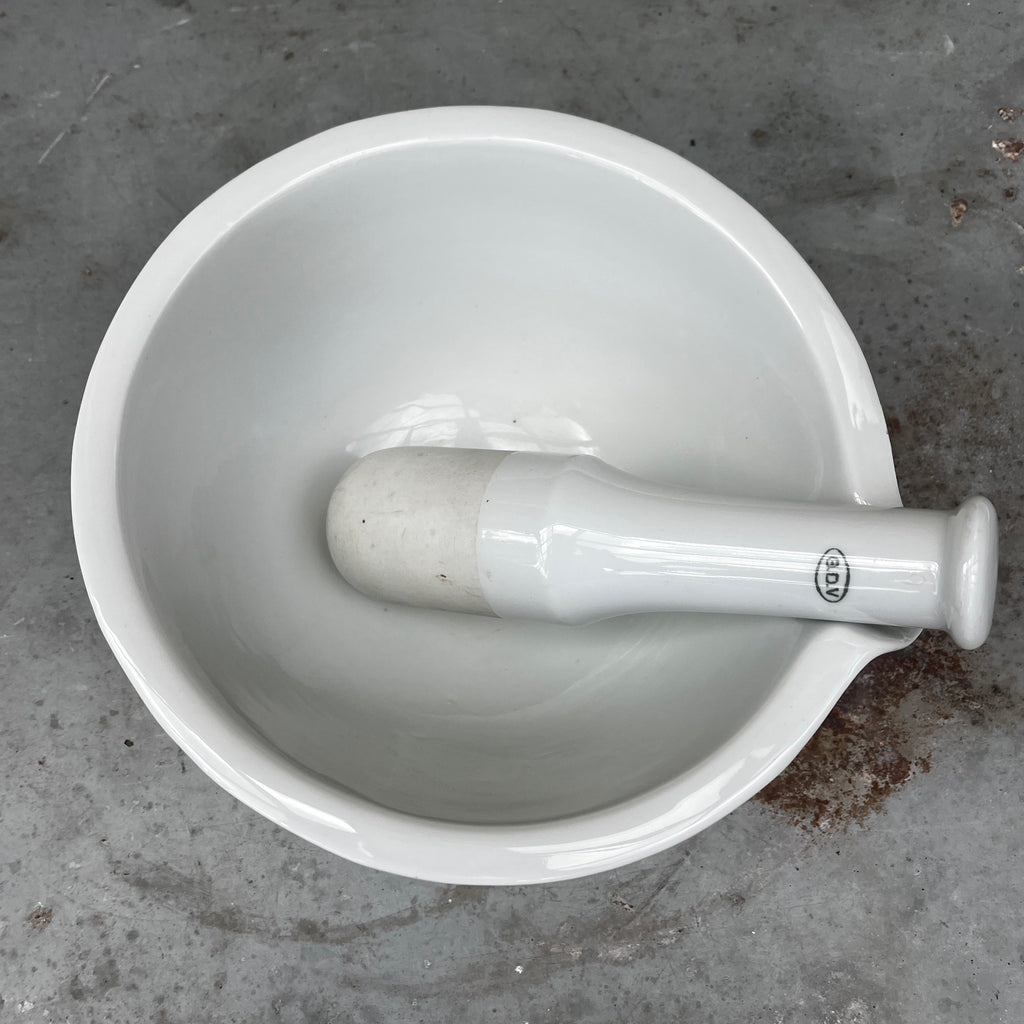 Large Antique French porcelain pharmacy mortar and pestle with GDV mark.