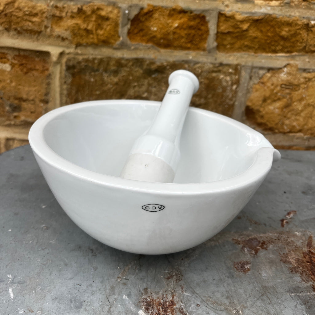Large Antique French porcelain pharmacy mortar and pestle with GDV mark.