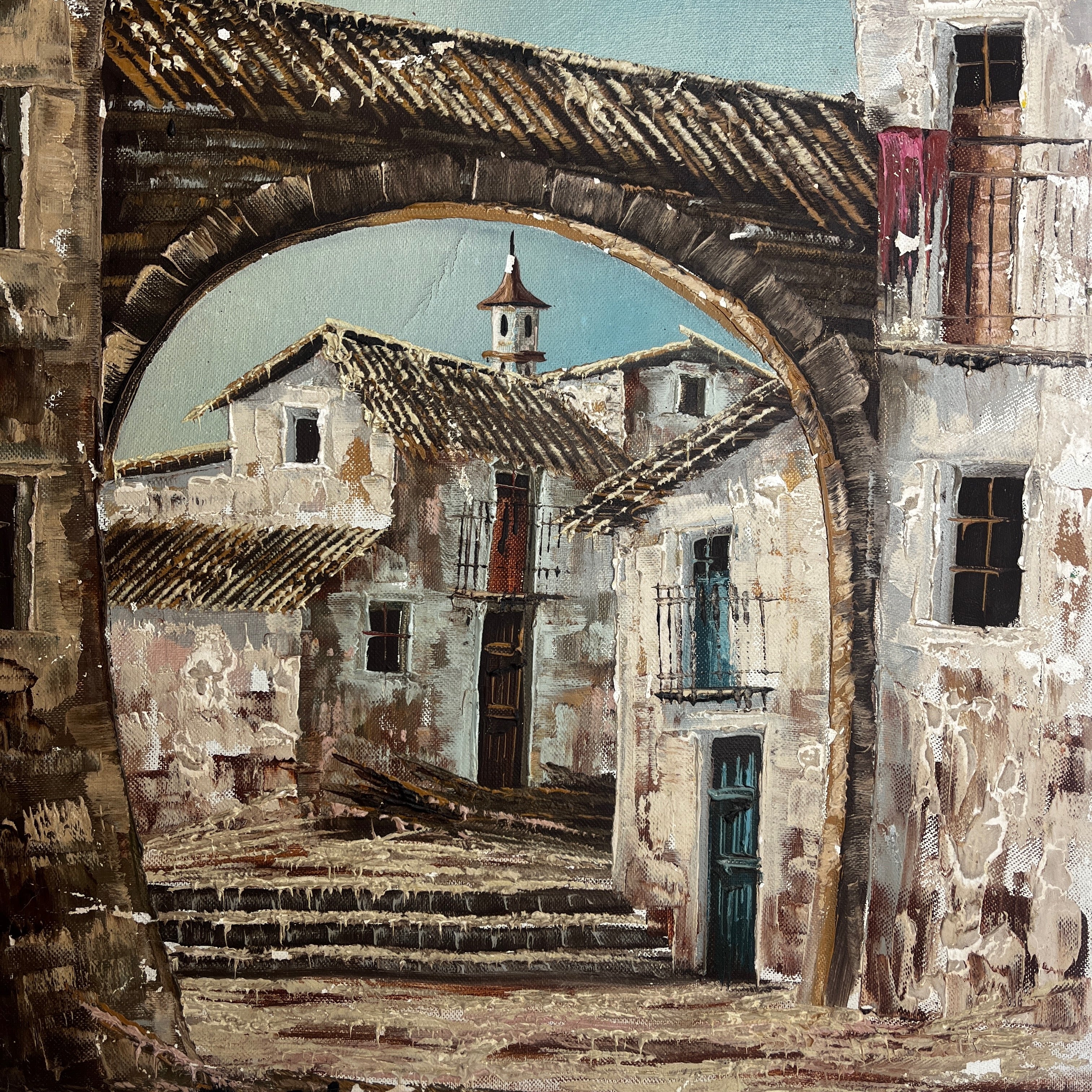 Medieval French Town Still-Life - Vintage Oil on Canvas
