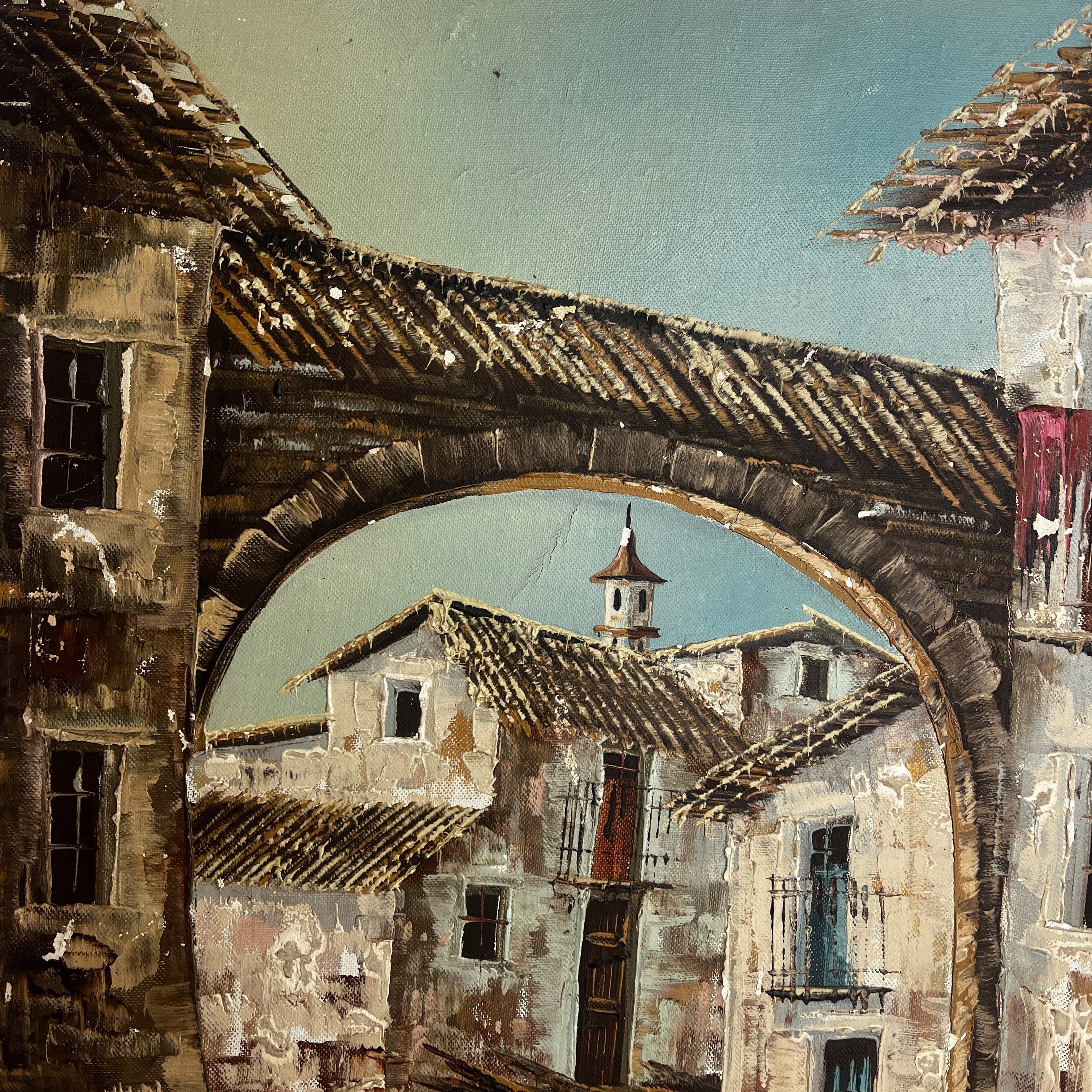 Medieval French Town Still-Life - Vintage Oil on Canvas