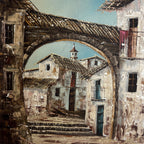 Medieval French Town Still-Life - Vintage Oil on Canvas