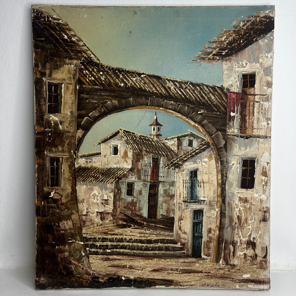 Medieval French Town Still-Life - Vintage Oil on Canvas