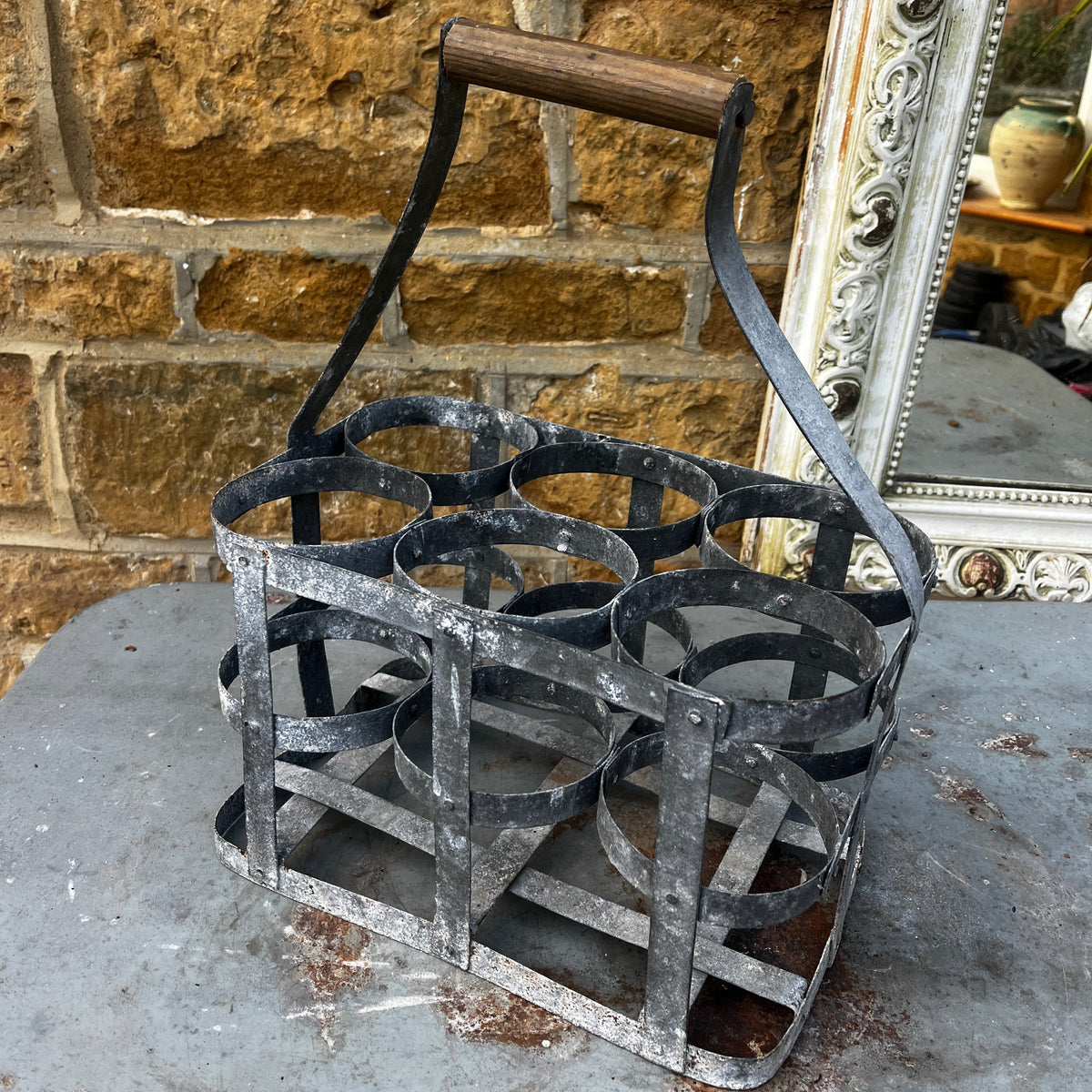 Vintage French Metal Bottle Holder with Wooden Handle