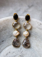 Black onyx, pearl and quartz drop earrings