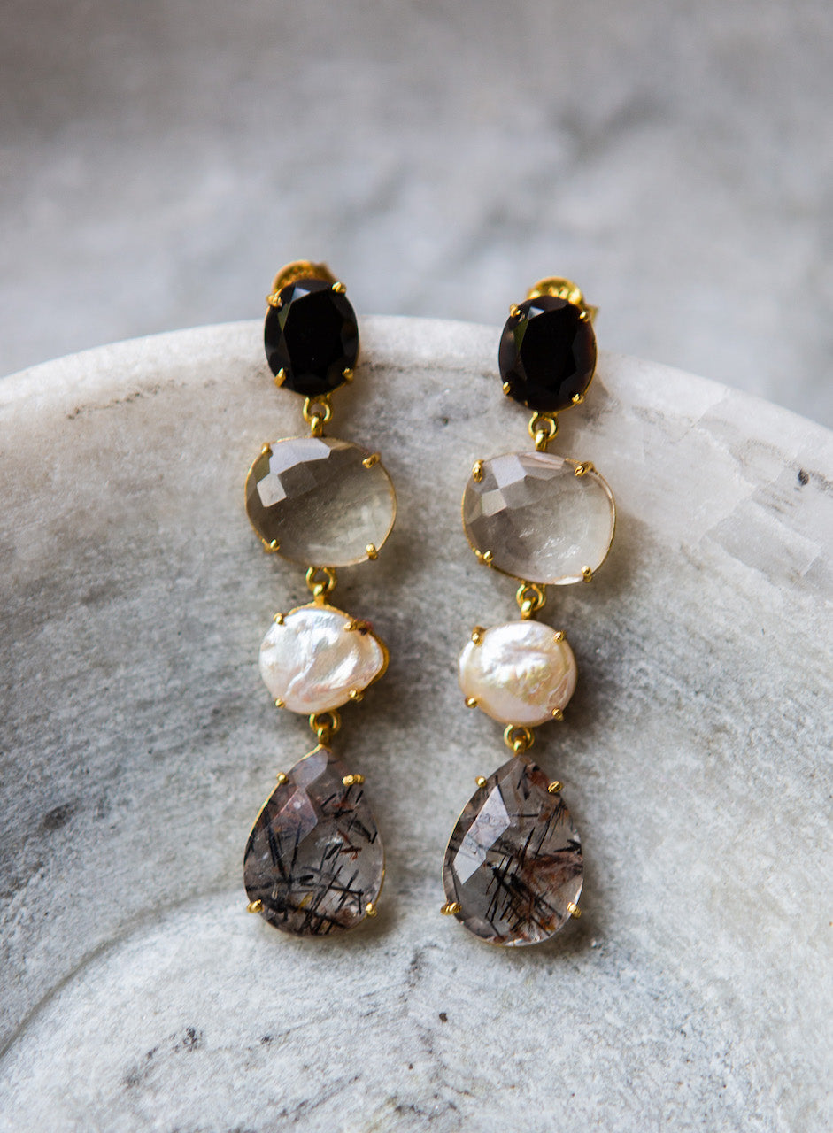 Black onyx, pearl and quartz drop earrings