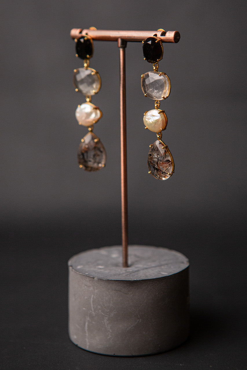 Black onyx, pearl and quartz drop earrings